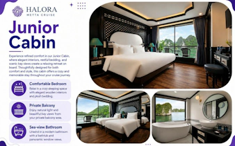 Junior cabin with bay view on Lan Ha Bay 5-star cruise, featuring private balcony and modern bathroom.