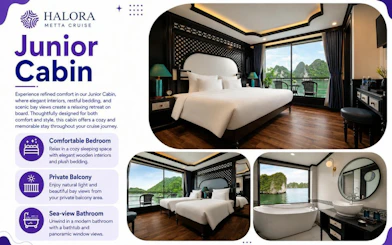 Junior cabin with bay view on Lan Ha Bay 5-star cruise, featuring private balcony and modern bathroom.