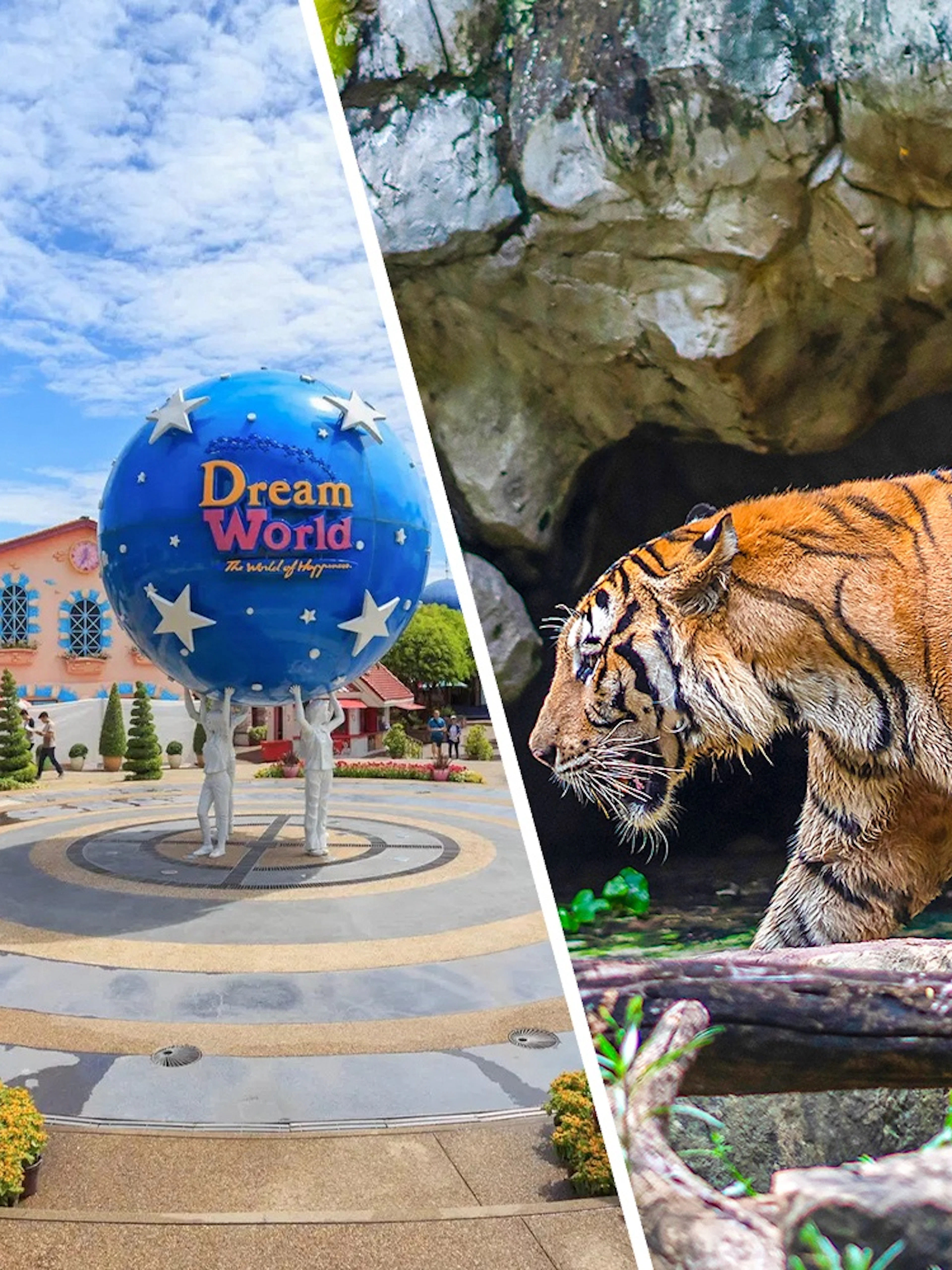 Dream World Bangkok entrance with globe sculpture and vibrant gardens.