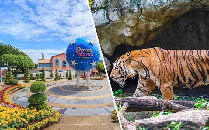 Dream World Bangkok entrance with globe sculpture and vibrant gardens.