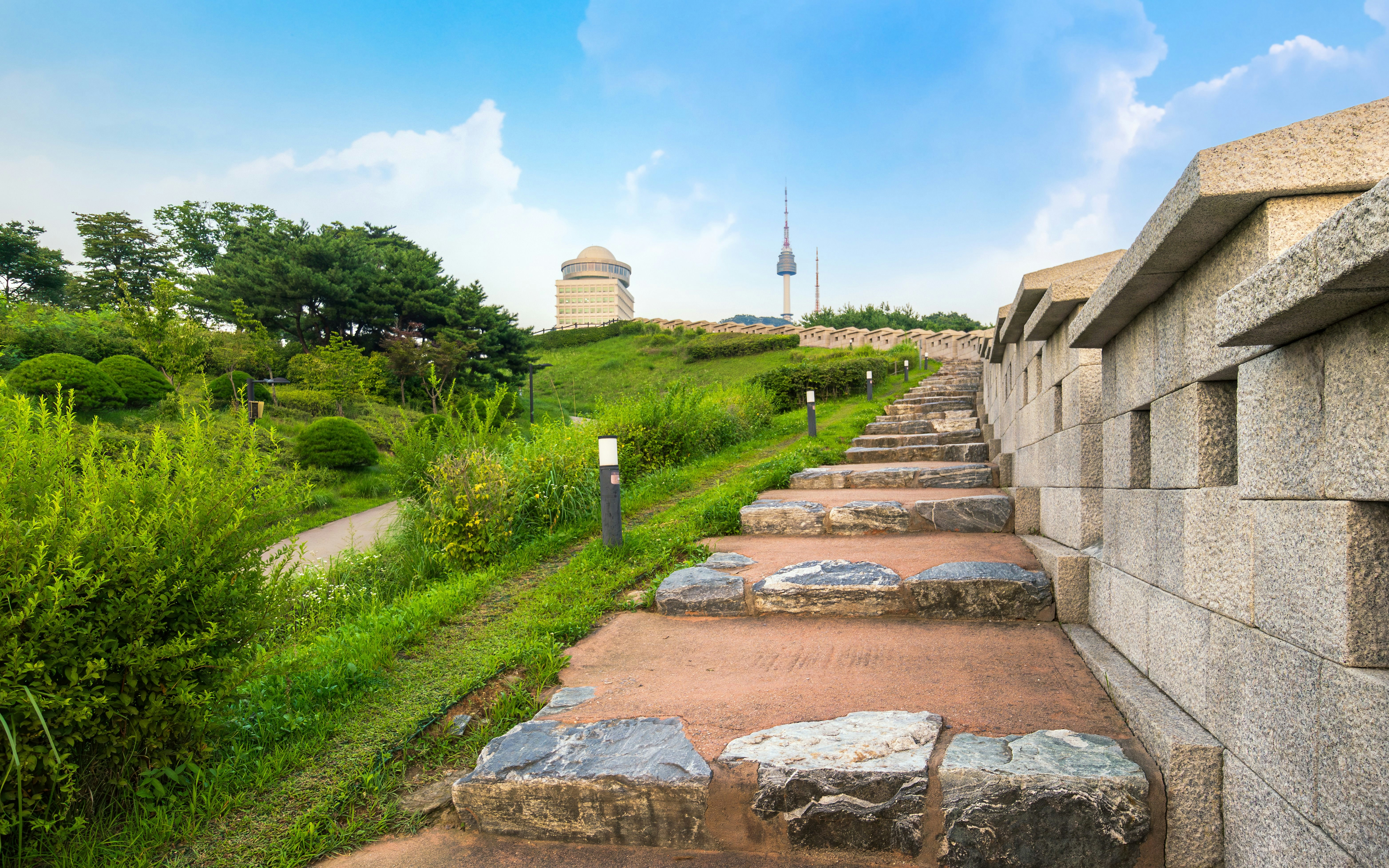 Stone pathway leading to Namsan Tower in Namsan Park, Seoul, South Korea.