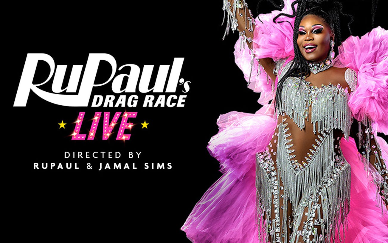 RuPaul's Drag Race LIVE! Vegas show poster with performer in sparkling costume.