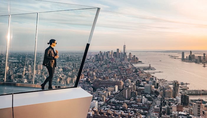 Edge Observation Deck, New York City skyline view with Hudson River and skyscrapers.