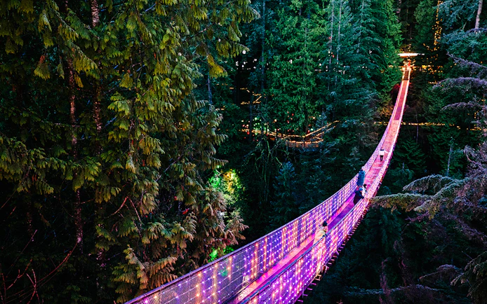 Visitors crossing illuminated Capilano Suspension Bridge at night, surrounded by forest.