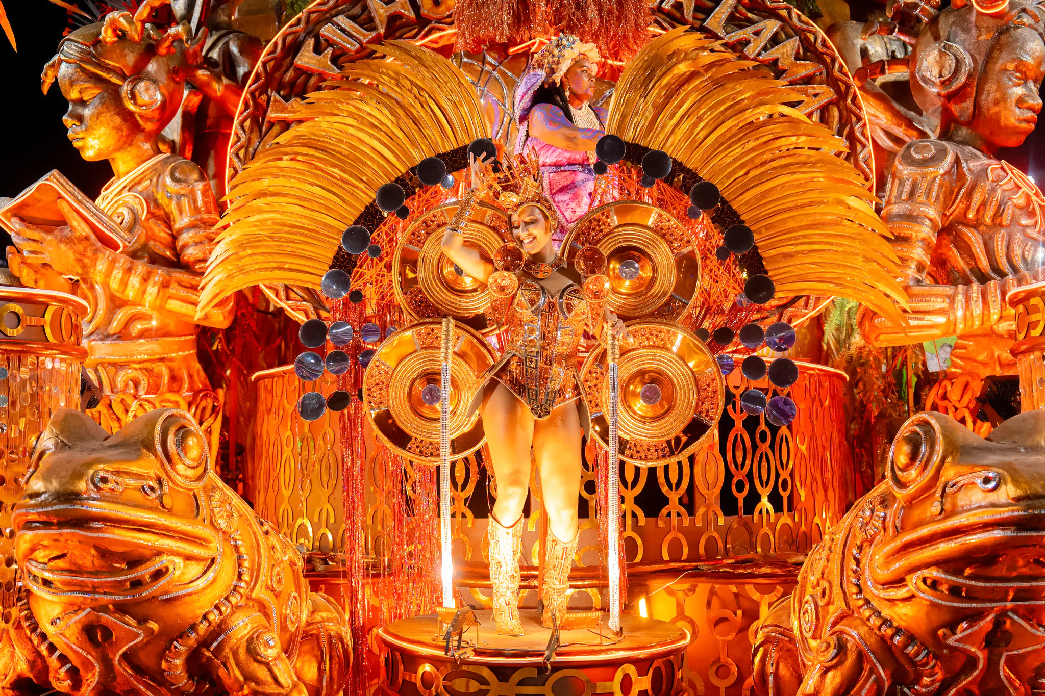 Performer in elaborate costume on a float at Rio Carnival 2027, Marquês de Sapucaí, Rio de Janeiro.