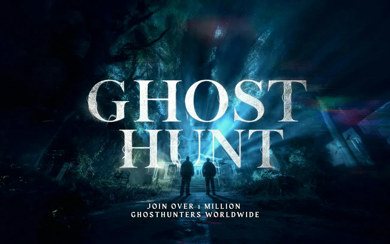 Ghost hunt poster with two figures approaching a haunted house, Manchester.