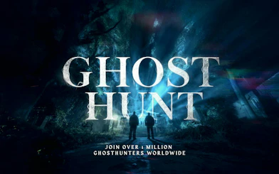 Ghost hunt poster with two figures approaching a haunted house, Manchester.