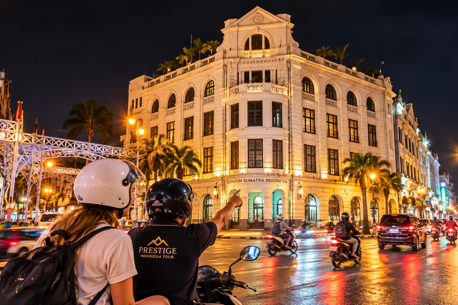 Motorbike tour in Medan passing London Sumatra building at night.