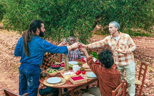 Farmers toasting with red wine in an olive grove after olive harvest.