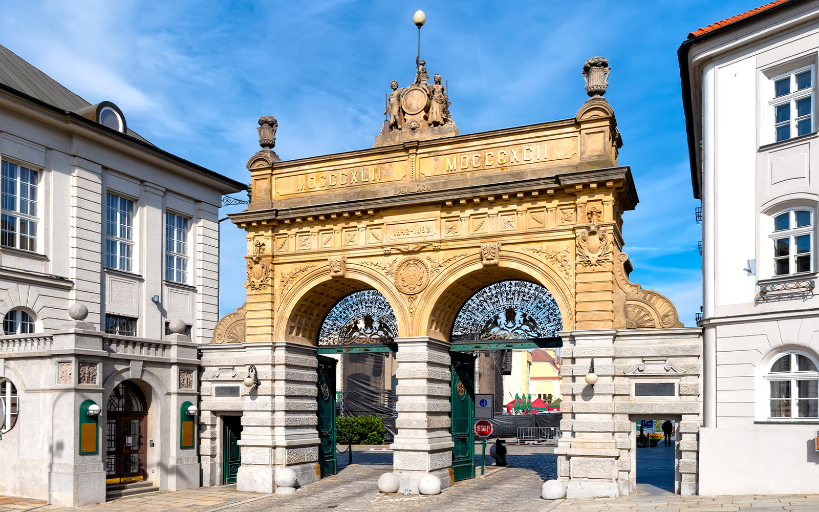 Entry gate to Pilsner Urquell Brewery in Plzeň, Czech Republic.