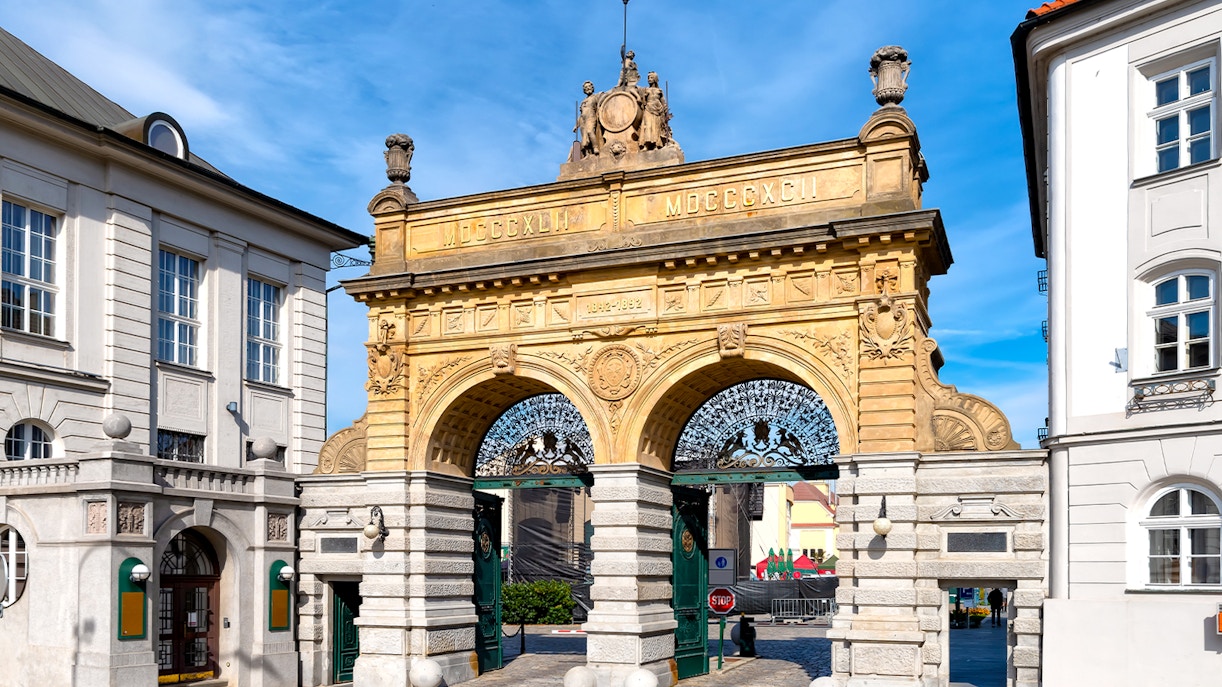 Pilsner Urquell Brewery entry gate in Plzeň, Czech Republic.