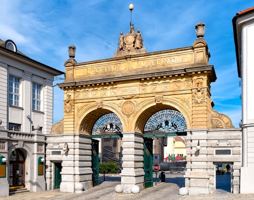 Entry gate to Pilsner Urquell Brewery in Plzeň, Czech Republic.