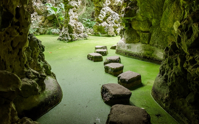 Stepping stones in a moss-covered grotto at Quinta da Regaleira, Sintra, Portugal.
