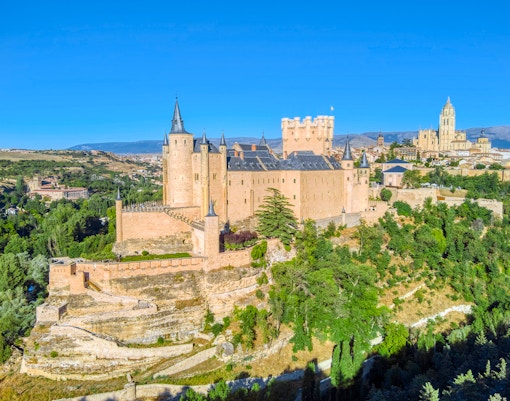 Aerial view of the Alcazar of Segovia, Spain, surrounded by lush greenery.