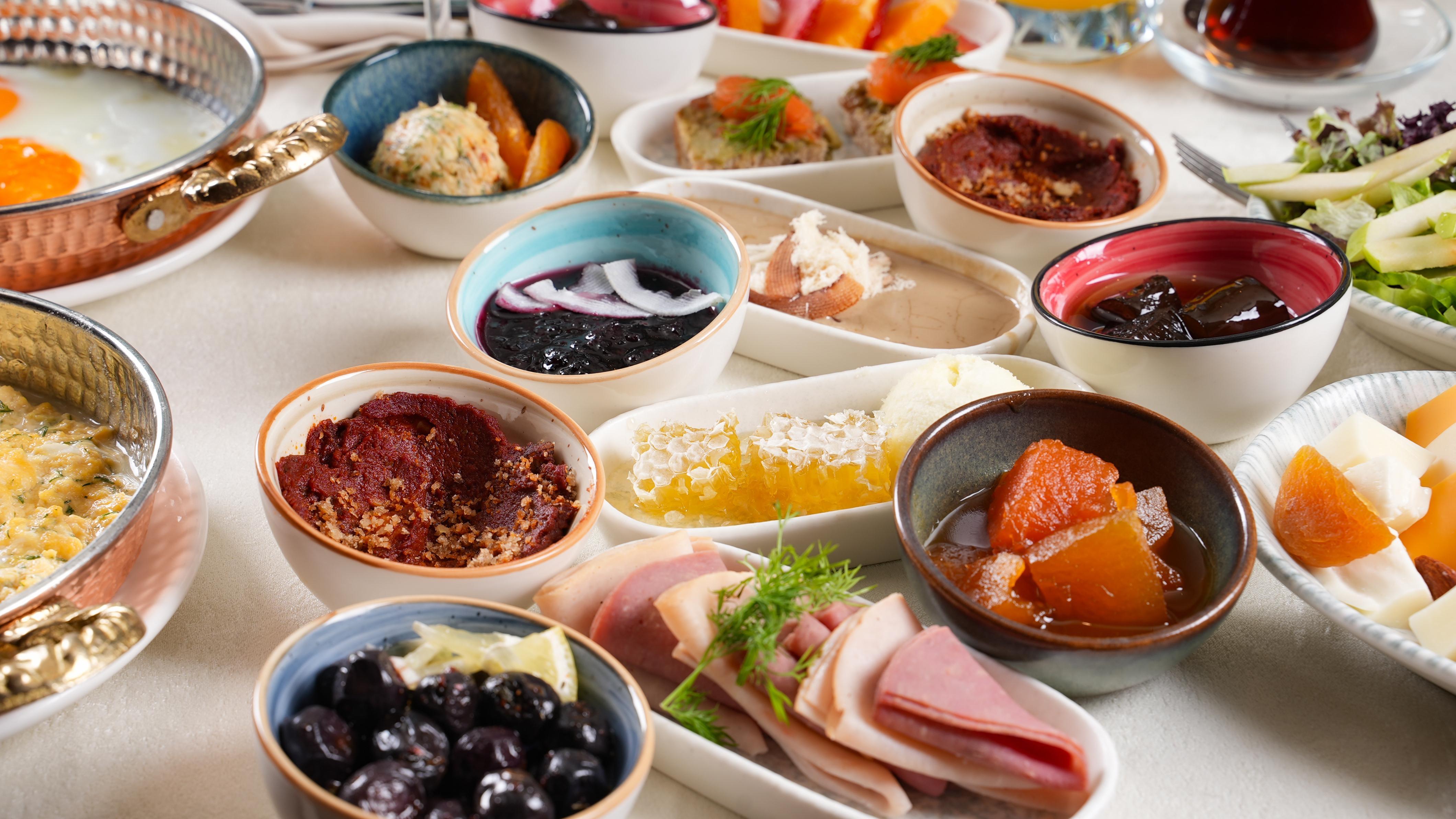 View of delicious food during Bosphorus Brunch Cruise w/ Private Table & Live Musics