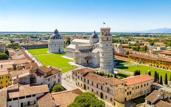 Aerial view of Square of Miracles, Pisa, featuring the Leaning Tower and cathedral.