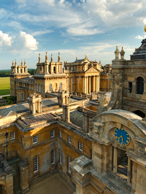 Blenheim Palace exterior with ornate architecture and gardens, Oxfordshire, England.