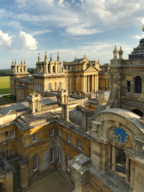 Blenheim Palace exterior with ornate architecture and gardens, Oxfordshire, England.