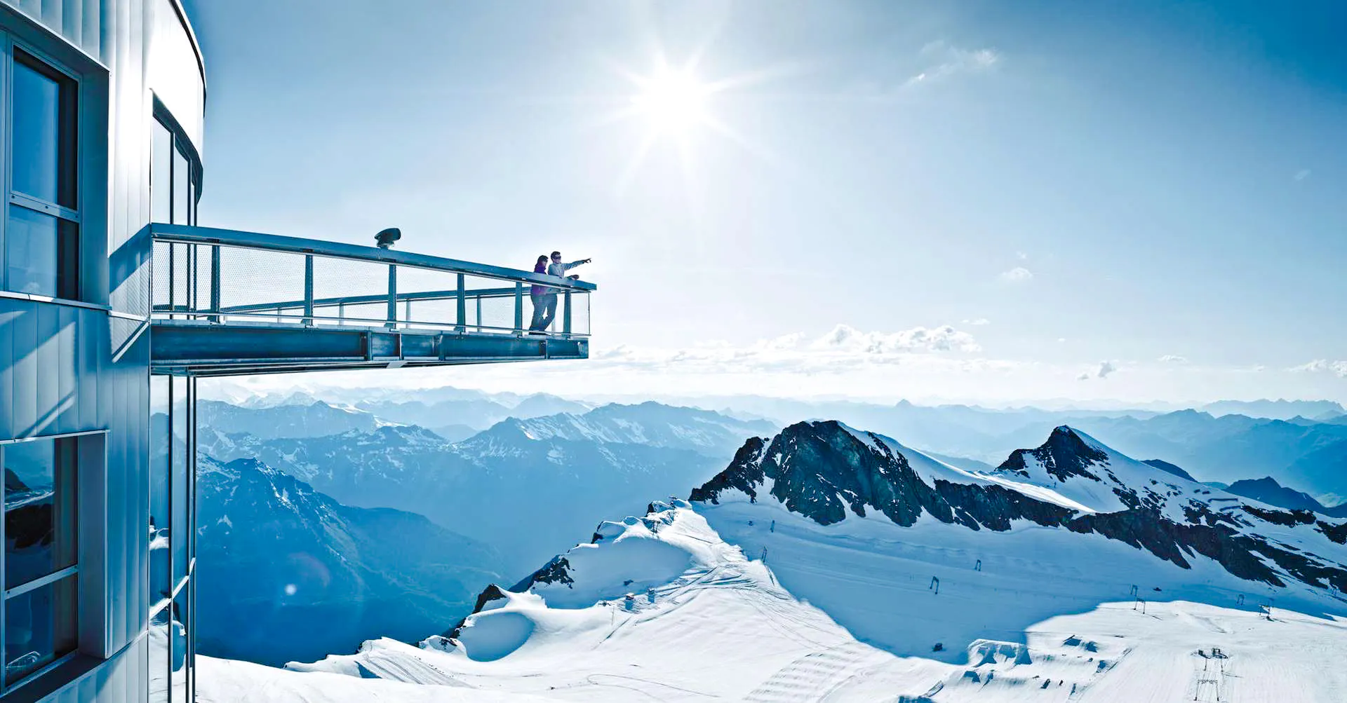 Viewing platform overlooking snowy peaks at Kitzsteinhorn, Zell am See, Salzburg.