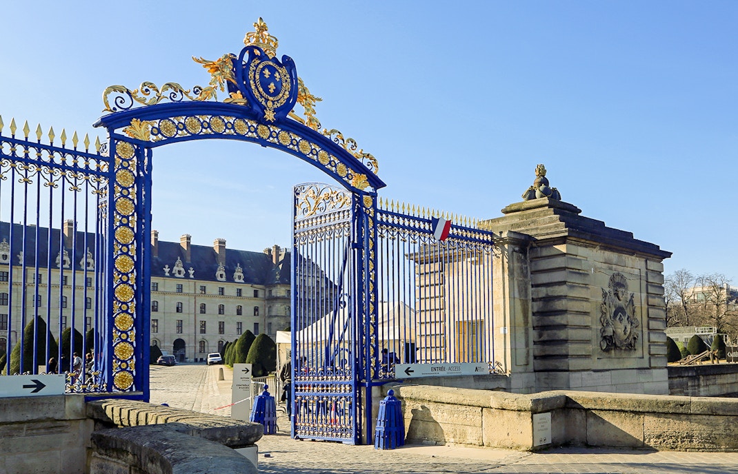 Entrance blue gate to Les Invalides, Paris, France.