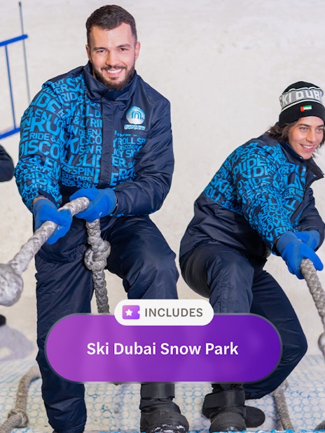 People climbing a rope wall at Ski Dubai Snow Park.