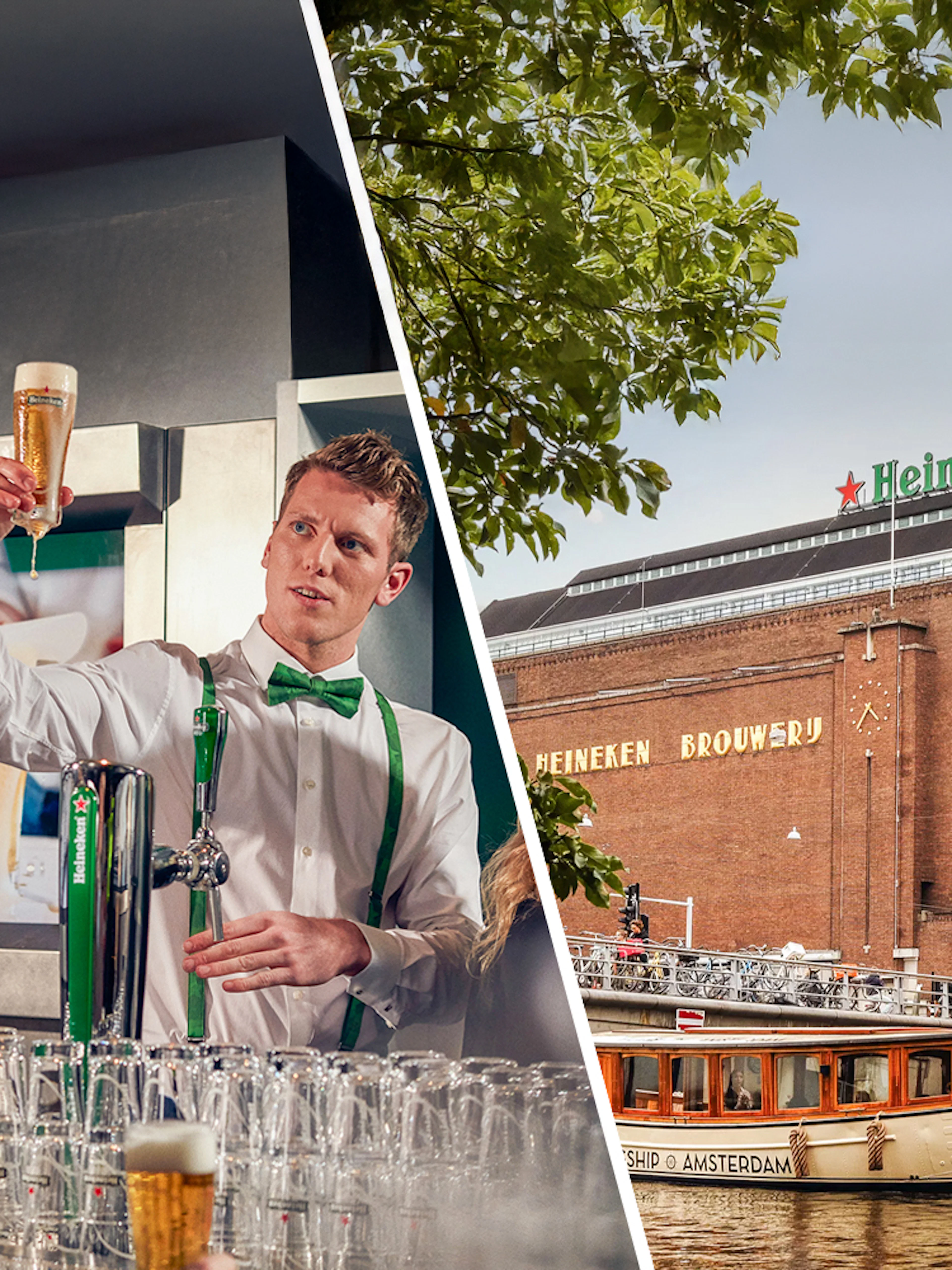 Heineken Experience tour guide pouring beer, Heineken brewery and canal cruise in Amsterdam.