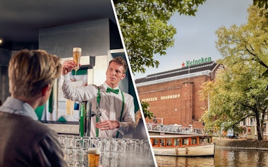 Heineken Experience tour guide pouring beer, Heineken brewery and canal cruise in Amsterdam.