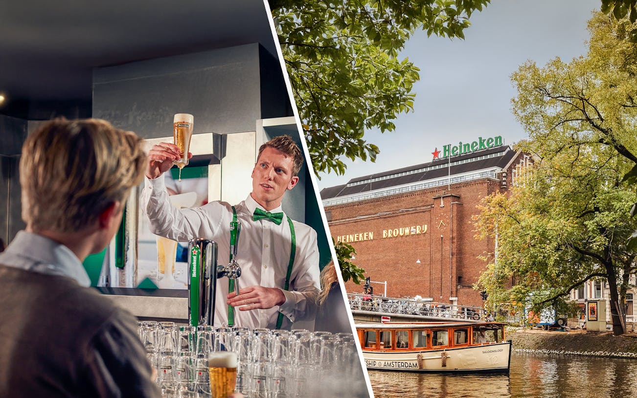 Heineken Experience tour guide pouring beer, Heineken brewery and canal cruise in Amsterdam.