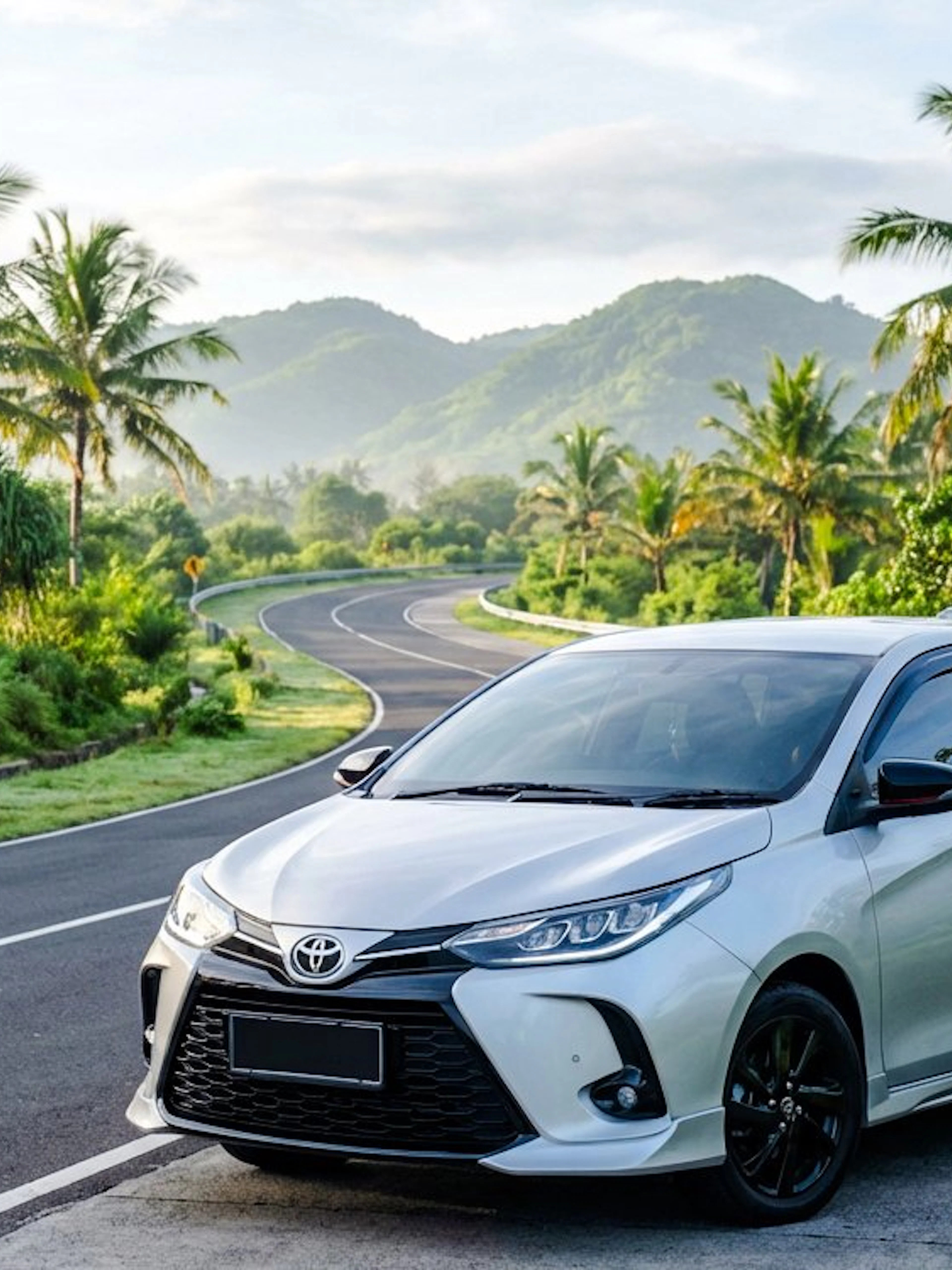 Toyota Yaris parked on a scenic tropical road with palm trees and mountains.