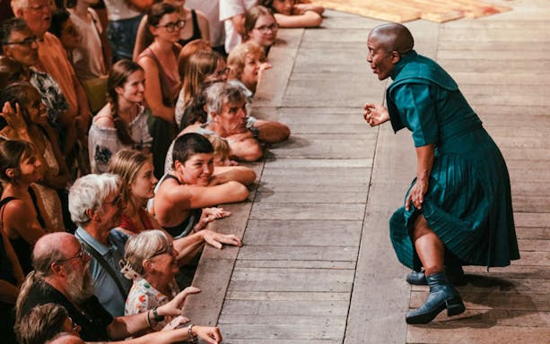 Performer engaging with audience during Twelfth Night, or What You Will.