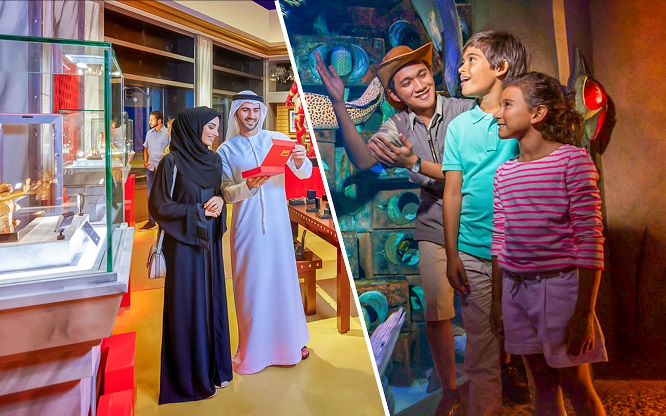 Visitors exploring exhibits at IMG Worlds of Adventure and The Lost Chambers Aquarium.