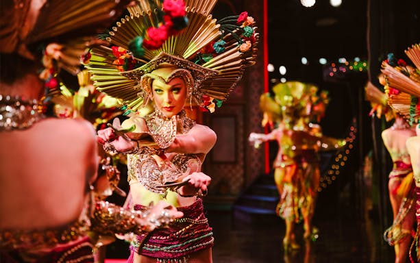 Performer in elaborate costume at Moulin Rouge Show, Paris.