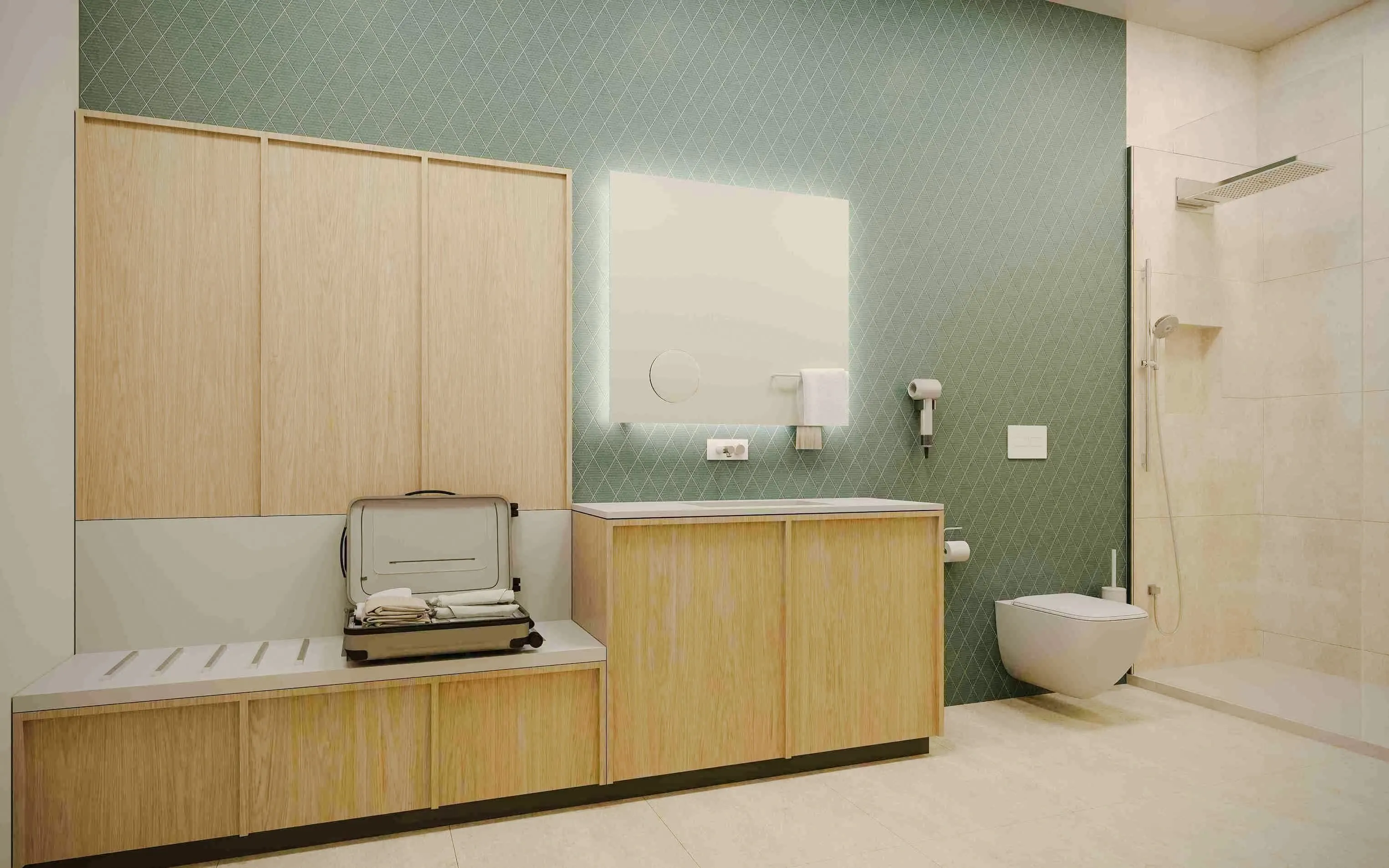 Private bathroom in Airport Lounge World, Munich Airport, featuring shower and open suitcase.