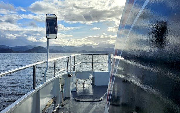 Fjordcruise deck view towards Lysefjord and Preikestolen, Norway.