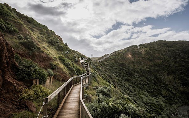 Wooden boardwalk through lush hills on Mornington Peninsula, leading to a distant lighthouse.