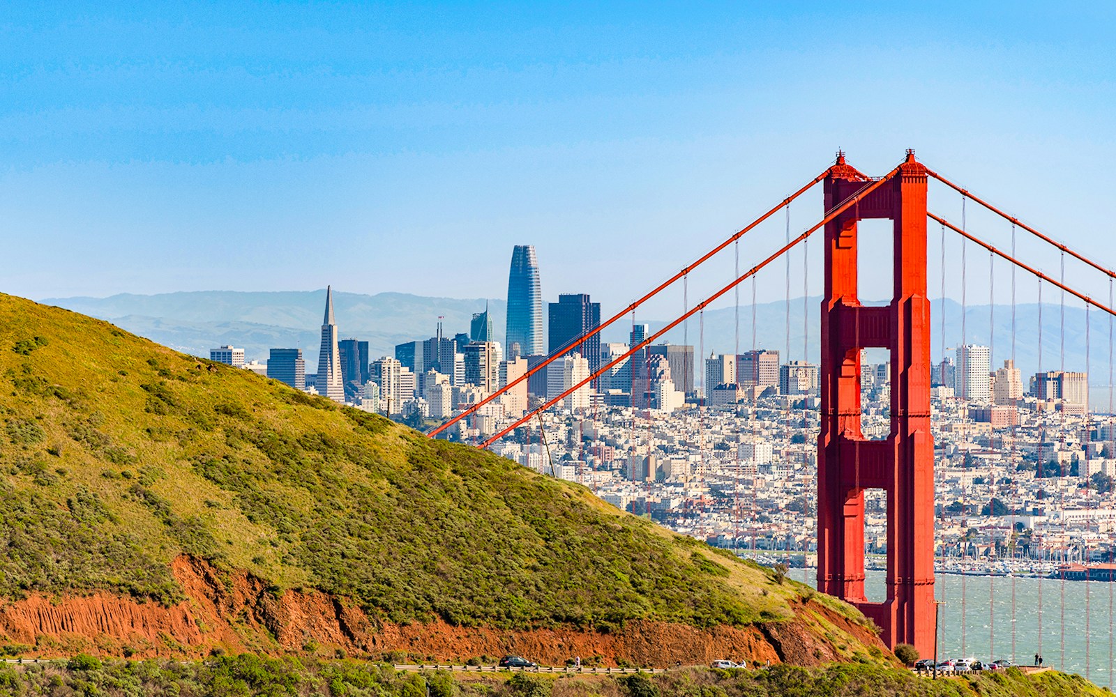 Marin Headlands with Golden Gate Bridge and San Francisco skyline in background.