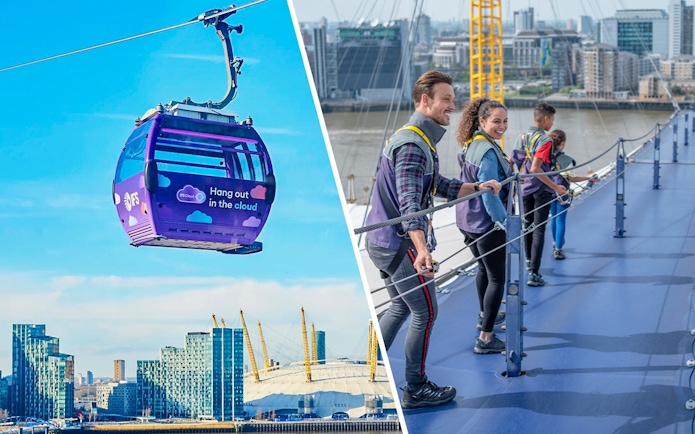 London IFS Cable Car with city skyline and people on rooftop walkway.