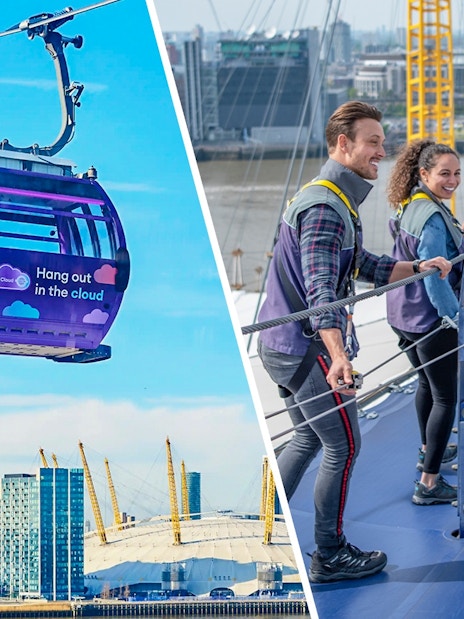 London IFS Cable Car with city skyline and people on rooftop walkway.