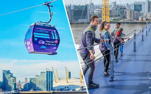 London IFS Cable Car with city skyline and people on rooftop walkway.