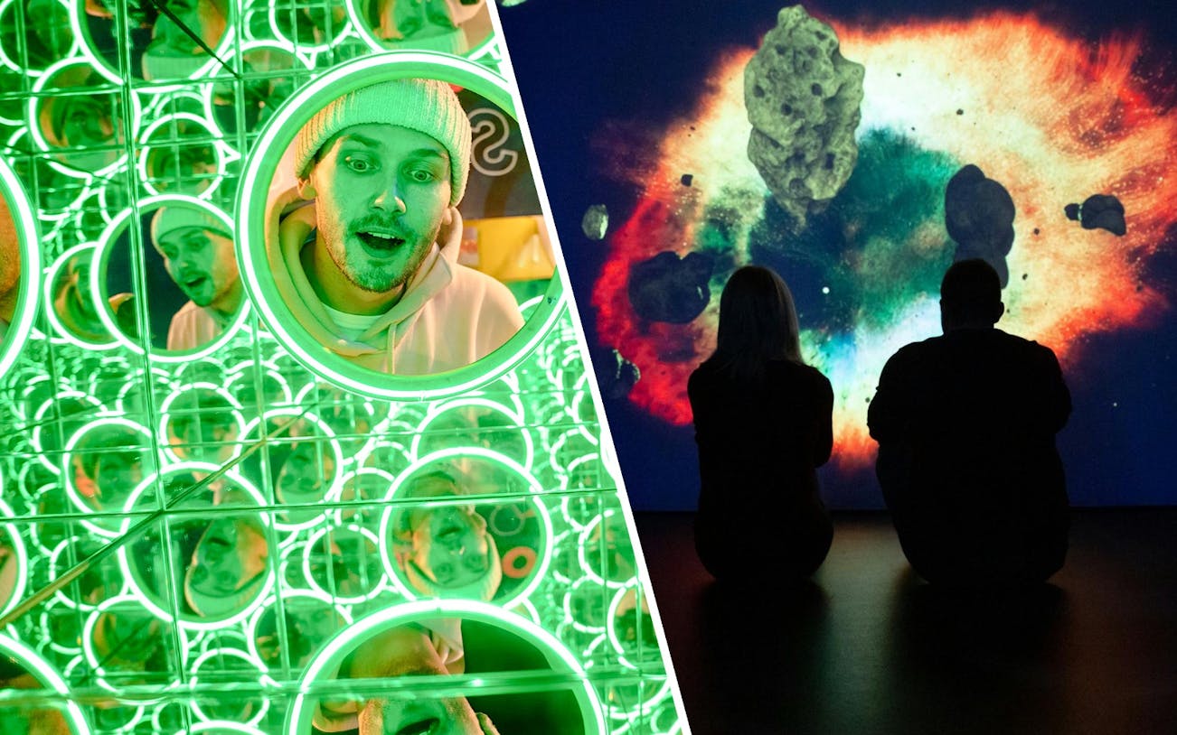 Guests exploring mirror illusions and cosmic displays at World of Illusion, Dublin.