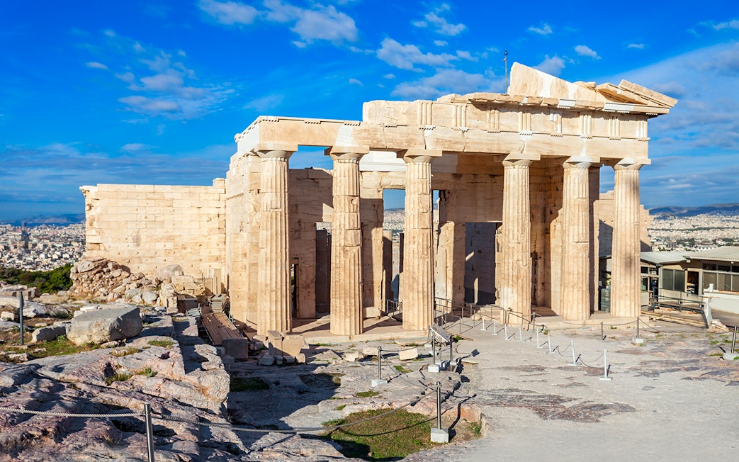 Ancient columns of the Propylaea at the Acropolis in Athens, Greece.