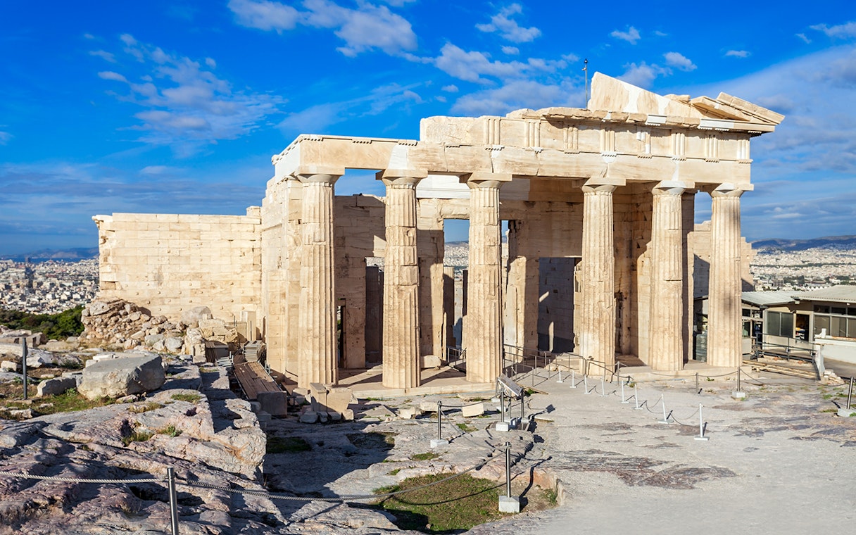 Ancient columns of the Propylaea at the Acropolis in Athens, Greece.