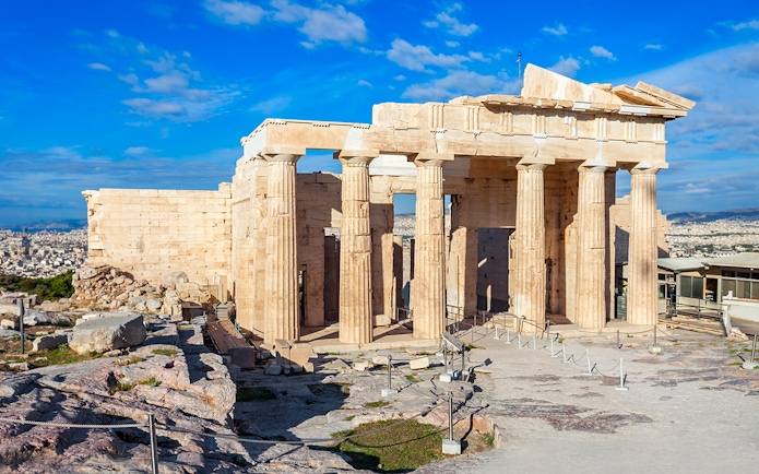 Ancient columns of the Propylaea at the Acropolis in Athens, Greece.