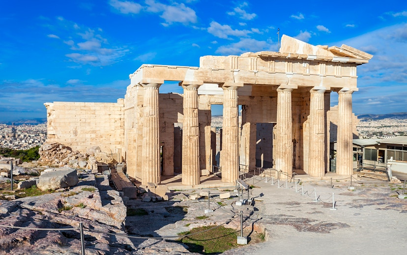 Ancient columns of the Propylaea at the Acropolis in Athens, Greece.