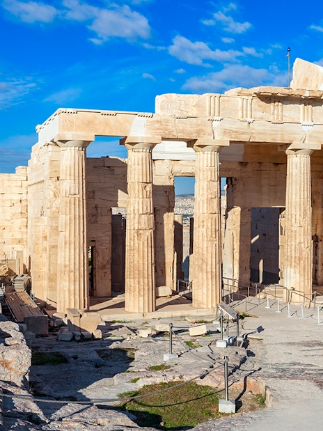 Ancient columns of the Propylaea at the Acropolis in Athens, Greece.