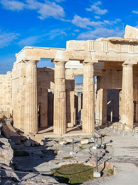 Ancient columns of the Propylaea at the Acropolis in Athens, Greece.