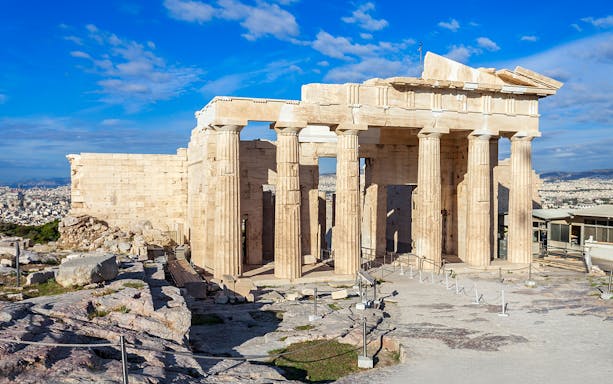 Ancient columns of the Propylaea at the Acropolis in Athens, Greece.