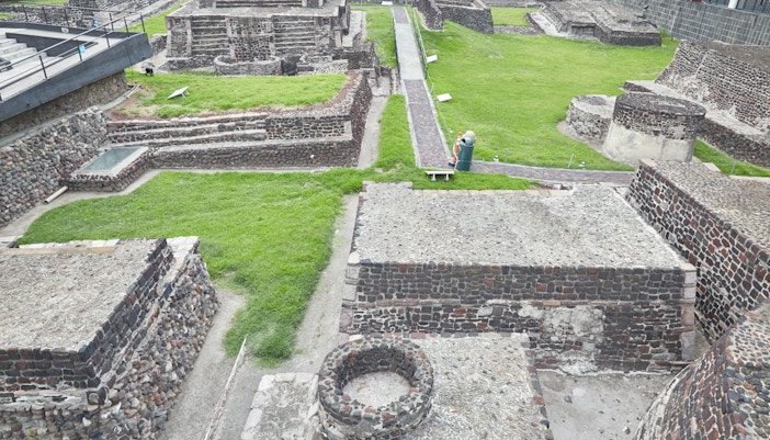Tlatelolco Aztec ruins with stone structures and historical site in Mexico City.