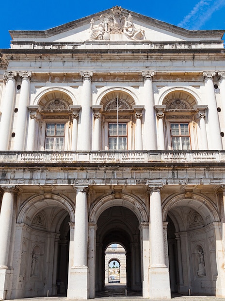 National Palace of Ajuda facade with arched entrance, Lisbon, Portugal.