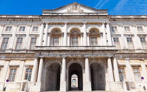 National Palace of Ajuda facade with arched entrance, Lisbon, Portugal.